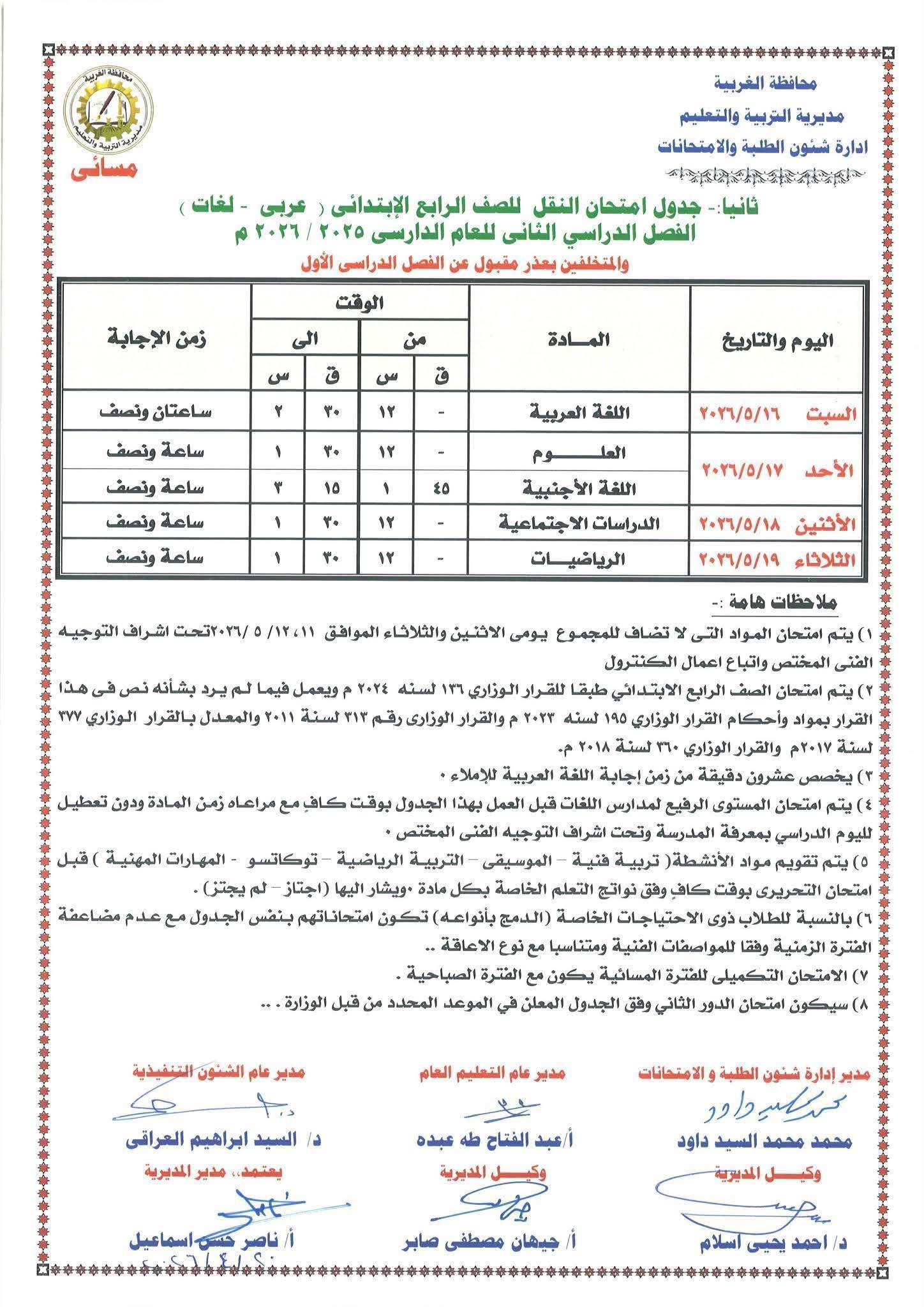 جدول امتحانات الصف الرابع الابتدائي 2026 محافظة ال جدول امتحانات الصف الرابع الابتدائي 2026 محافظة ال